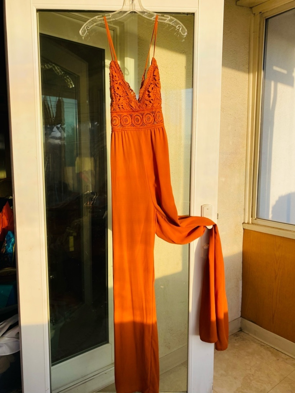BLASHE ORANGE CROCHET LACE JUMPSUIT WIDE LEG BOHO FESTIVAL ROMPER M